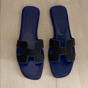 BRAND NEW Hermès Oran Sandals Black/Bleu Sapphire